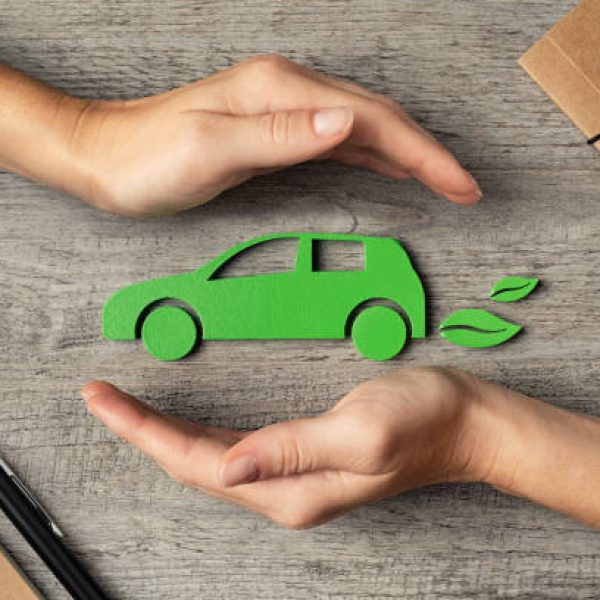 istockphoto-1289221226-612×612 Close up of hands of young woman protecting icon of green eco-friendly car over wooden table. Top view of woman hands protecting electric car with care, mobility. Car insurance and green automotive business concept.